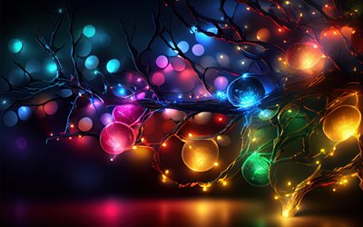 Merry Christmas, 4k, xmas flashlights, new years eve, Happy New Year, christmas night, flashlights, Christmas, winter concepts