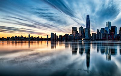 World Trade Center 1, New York, morning, Manhattan, skyscrapers, sunrise, New York cityscape, New York skyline, USA