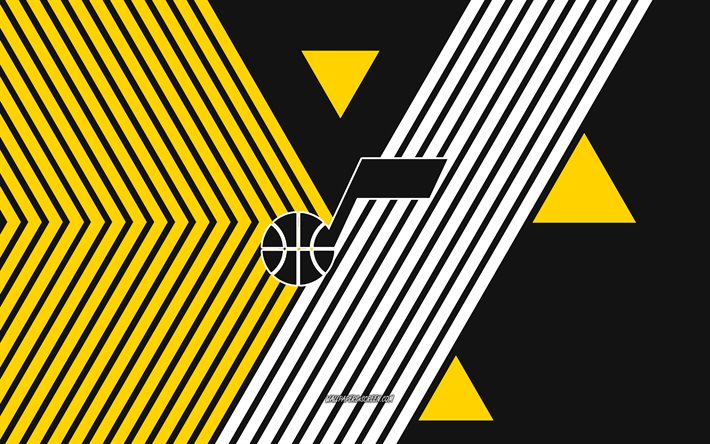 유타 재즈 로고, 4k, 미국 농구 팀, 노란색 검은 선 배경, 유타 재즈, nba, 미국, 라인 아트, 유타 재즈 엠블럼, 농구