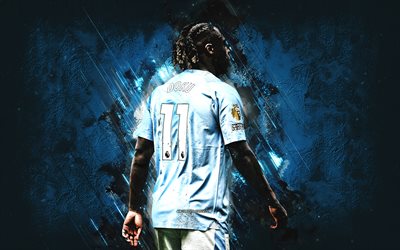 Jeremy Doku, Manchester City FC, Belgian football player, blue stone background, Premier League, England, football, Man City