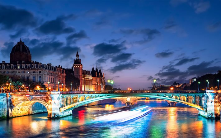 fiume senna, 4k, paesaggi notturni, città francesi, parigi, francia, europa, panorama di paris, paesaggio urbano di parigi