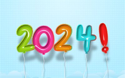 2024 Happy New Year, colorful realistic balloons, 4k, abstract clouds, 2024 concepts, 2024 balloons digits, 2024 3D digits, Happy New Year 2024, creative, 2024 blue background, 2024 year