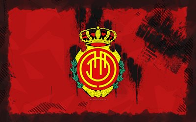 شعار rcd mallorca grunge, 4k, لاليجا, خلفية الجرونج الأحمر, كرة القدم, rcd mallorca شعار, شعار rcd mallorca, نادي كرة القدم الأسباني, مايوركا fc