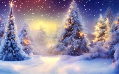 4k, クリスマスツリー, 冬, 森, アートワーク, 降雪, あけましておめでとう, メリークリスマス, 冬の概念, クリスマスの木