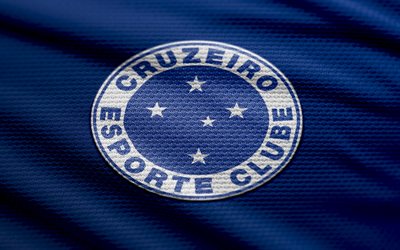 Cruzeiro fabric logo, 4k, blue fabric background, Brazilian Serie A, bokeh, soccer, Cruzeiro logo, football, Cruzeiro emblem, Cruzeiro EC, Brazilian football club, Cruzeiro FC