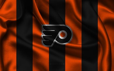 4k, philadelphia flyers logo, orangefarbener schwarzer seidenstoff, american hockey team, philadelphia flyers emblem, nhl, philadelphia flyer, usa, eishockey, philadelphia flyers flagge