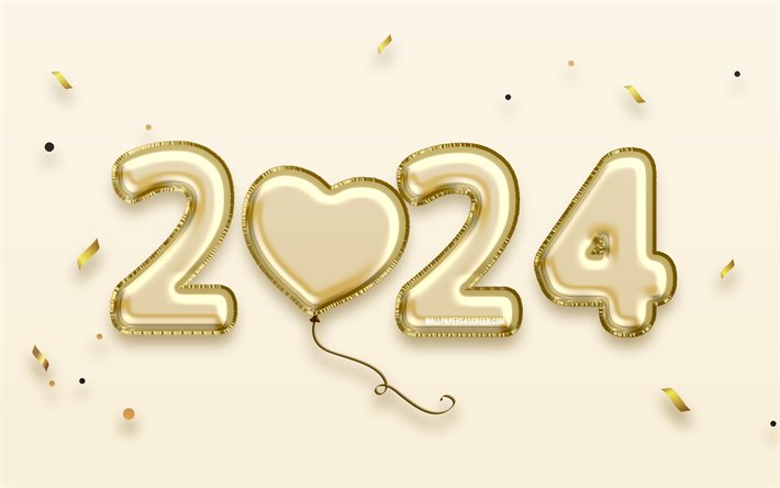 2024 feliz ano novo, balões de ouro realistas, 4k, criativo, 2024 conceitos, 2024 balões dígitos, 2024 dígitos 3d, feliz ano novo 2024, 2024 fundo de ouro, 2024 anos