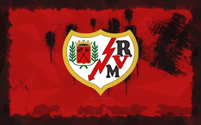 Rayo Vallecano grunge logo, 4k, LaLiga, red grunge background, soccer, Rayo Vallecano emblem, football, Rayo Vallecano logo, Rayo Vallecano, spanish football club, Rayo Vallecano FC