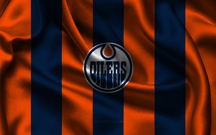 4k, edmonton oilers logo, blauer orange seidenstoff, american hockey team, edmonton oilers emblem, nhl, edmonton oilers, usa, eishockey, edmonton oilers flag