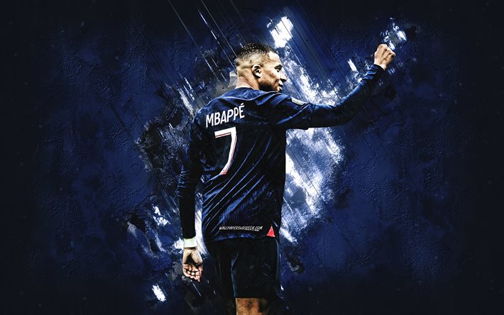 kylisk mbappe, psg, fransk fotbollsspelare, paris saint germain, blå stenbakgrund, grunge struktur, ligue 1, frankrike, fotboll