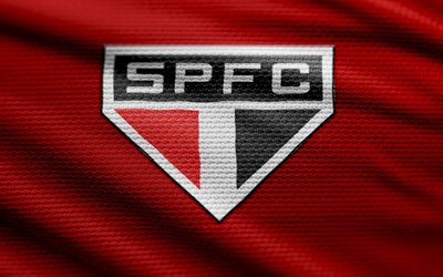 साओ पाउलो एफसी फैब्रिक लोगो, 4k, लाल कपड़े की पृष्ठभूमि, ब्राज़ीलियाई सीरी ए, bokeh, फुटबॉल, साओ पाउलो एफसी लोगो, फ़ुटबॉल, साओ पाउलो एफसी प्रतीक, एसपीएफसी, ब्राज़ीलियाई फुटबॉल क्लब, साओ पाउलो एफसी