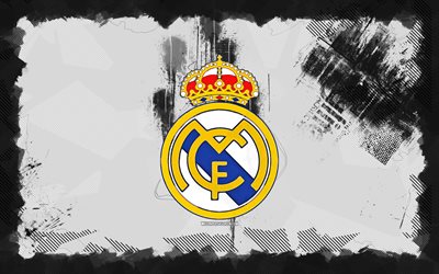 real madrid grunge  logotyp, 4k, la liga, vit grunge bakgrund, fotboll, real madrid emblem, real madrid  logotyp, real madrid cf, spansk fotbollsklubb, real madrid fc