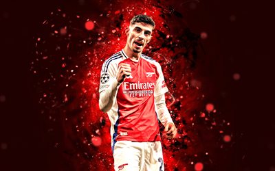Kai Havertz, 4k, red neon lights, Arsenal FC, Premier League, German footballers, Kai Havertz 4K, football, soccer, Kai Havertz Arsenal