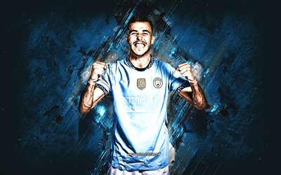 Nico Gonzalez, Manchester City FC, Spanish football player, blue stone background, grunge art, Premier League, England, football