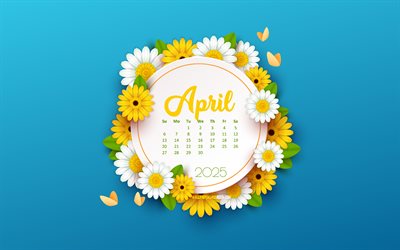 4k, calendrier avril 2025, modèle de printemps bleu, calendrier avril 2025 avril, fond bleu avec des fleurs jaunes blanches, avril, calendrier du printemps 2025, 2025 concepts