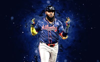 marcell ozuna, 4k, mavi neon işıklar, atlanta braves, mlb, dominik beyzbol oyuncuları, marcell ozuna 4k, beyzbol, major league beyzbol, büyük ayı, marcell ozuna atlanta braves