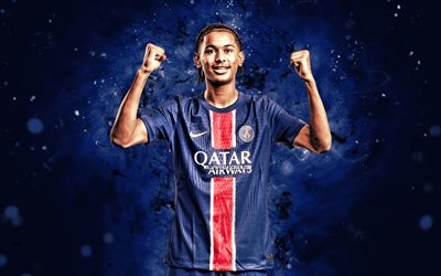 Senny Mayulu, 4k, blue neon lights, Paris Saint-Germain, Ligue 1, french footballers, Senny Mayulu 4K, football, soccer, PSG, Senny Mayulu PSG