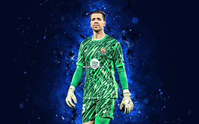 wojciech szczesny, 4k, mavi neon işıklar, fc barcelona, la liga, polonyalı futbolcular, wojciech szczesny 4k, futbol, barcelona fc, laliga, kaleci, barcelona, fcb, wojciech szczesny barcelona