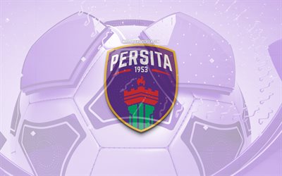 Persita Tangerang glossy logo, 4K, violet football background, Liga 1 Indonesia, soccer, Indonesian football club, Persita Tangerang emblem, Persita Tangerang, football, sports logo, Persita Tangerang logo, Persita Tangerang FC