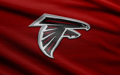 logo fabric atlanta falcons, 4k, sfondo in tessuto rosso, nfl, bokeh, football americano, logo atlanta falcons, emblema di atlanta falcons, team di calcio americano, atlanta falcons