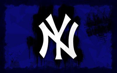 new york yankees grunge logosu, 4k, mlb, mavi grunge arka plan, beyzbol, new york yankees amblemi, new york yankees logosu, amerikan beyzbol takımı, new york yankees, ny yankees