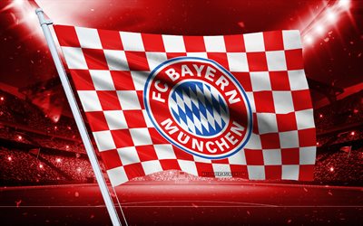 4k, logo dell'fc bayern monaco, club di calcio tedesco, flag di stadio, flag dei fan del bayern monaco, bandiera bianca rossa, emblema dell'fc bayern monaco, bundesliga, bayern monaco, germania, calcio, fc bayern monaco