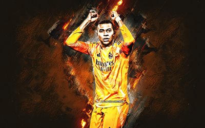 Kylian Mbappe, Real Madrid, French footballer, orange stone background, grunge art, La Liga, Spain, football, Mbappe art, Mbappe Real Madrid
