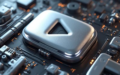 silberner youtube button, 4k, bokeh, schwarzer high tech hintergrund, mikroschaltungen, dirigenten, youtube metalllogo, soziales netzwerk, youtube logo auf mikroschaltung, marken, youtube 3d logo, kunstwerk, youtube logo, youtube