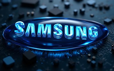 logo bleu samsung, 4k, fond de technologie bleue, emblème samsung, logo samsung en 3d, signe sony, carte mère bleue, panneau bleu samsung, logo samsung, samsung