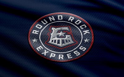logotipo de tela round rock express, 4k, fondo de tela azul, pcl, bokeh, béisbol, logotipo de round rock express, emblema del round rock express, liga de la costa del pacífico, equipo de beisbol americano, expreso de roca redonda