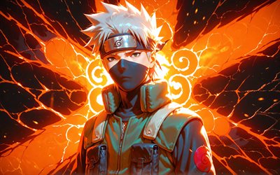 Kakashi Hatake, 4k, orange lightings, darkness, Naruto, fire art, Sharingan, artwork, Hatake Kakashi, manga, Naruto characters, Kakashi Hatake Naruto