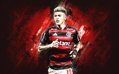Jorge Carrascal, CR Flamengo, Colombian footballer, red stone background, grunge art, Flamengo, Brazil, football, Jorge Carrascal Flamengo