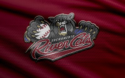 stofflogo der sacramento river cats, 4k, kastanienbrauner stoffhintergrund, pcl, bokeh, baseball, sacramento river cats logo, sacramento river cats emblem, pazifikküstenliga, amerikanisches baseballteam, sacramento river katzen