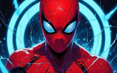 4k, hombre araña, obra de arte, anillos de neón azules, superhéroes, cómics marvel, arte grunge, arte del hombre araña, hombre araña 4k