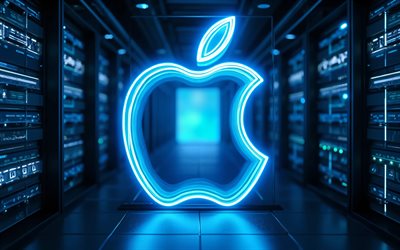 4k, apple blaues neon logo, dunkelheit, elektronikmarken, racks für rechenzentren, kunstwerk, apple logo, blaue blendung, markenlogo, apple neon logo, apfel, marken, leuchtendes apple logo
