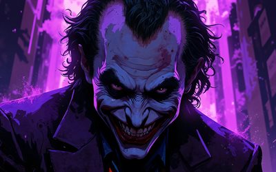 4k, bromista, noche, resplandor violeta, sonrisa, supervillano, fan art, comodín 4k, obra de arte, arte del comodín