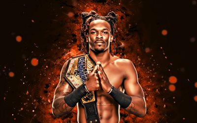 JeVon Evans, 4k, orange neon lights, WWE, creative, american wrestler, Malachi Jeffers, JeVon Evans with belt, orange abstract background, World Wrestling Entertainment, wrestlers, JeVon Evans 4K