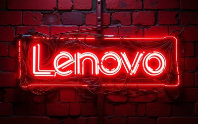 4k, leuchtendes lenovo logo, dunkelheit, drähte, roter brickwall hintergrund, marken, lenovo neon logo, kreativ, lenovo rotes neonlogo, elektronik, lenovo logo, lenovo 3d logo, lenovo