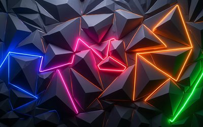 pyramides 3d noires avec rétroéclairage, 4k, fond géométrique 3d noir, éclairage au néon multicolore, fond de pyramides, fond noir élégant, abstraction noire