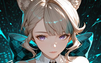 lynette, 4k, brilho turquesa, escurece, impacto genshin, fundo abstrato turquesa, personagens de anime, lynn, netti, lina, personagens do impacto genshin, impacto lynette genshin