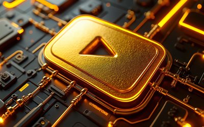 goldener youtube button, 4k, bokeh, schwarzer high tech hintergrund, mikroschaltungen, dirigenten, youtube metalllogo, soziales netzwerk, youtube logo auf mikroschaltung, marken, youtube 3d logo, kunstwerk, youtube logo, youtube