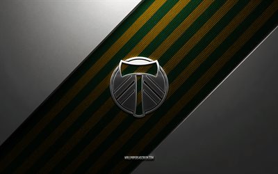 logo des timbers de portland, 4k, fond en acier, club de football américain, lignes jaunes et vertes, emblème des timbers de portland, mls, football, bois de portland, usa, logo en métal des portland timbers