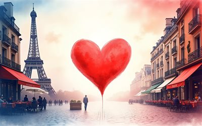 amo parís, torre eiffel, calles de paris, corazón rojo en paris, amor por francia, amor por paris, dibujos de paris, francia, conceptos románticos