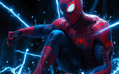 homme araignée, 4k, rayons de néon bleus, super héros, obscurité, marvel bandes dessinées, art 3d, illustrations de spider man, oeuvre d'art, spider man 4k