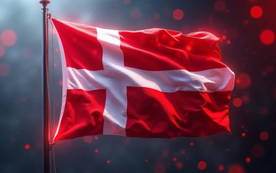 bandera de dinamarca en el asta de la bandera, 4k, oscuridad, arte digital, bandera de dinamarca, resplandor rojo, bokeh, obra de arte, bandera danesa, europa, bandera de dinamarca con ondas de tela, bandera 3d de dinamarca, dinamarca