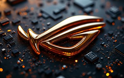 logotipo de vidro dourado rog, 4k, fundo de tecnologia preta, república dos jogadores, emblema rog, logotipo dourado rog 3d, sinal de vidro dourado rog, asus rog, placa mãe dourada, sinal rog, logotipo da rog, rog