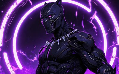 4k, pantera negra, anillos de neón violetas, oscuridad, cómics marvel, superhéroes, pantera negra 3d, obra de arte, arte de la pantera negra, fondo violeta grunge, fan art, pantera negra 4k