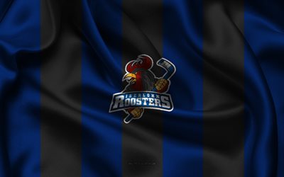 4k, Iserlohn Roosters logo, German ice hockey team, blue black silk fabric, DEL, Iserlohn Roosters emblem, Iserlohn Roosters, Germany, hockey, Iserlohn Roosters sign