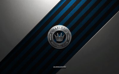 logo dello charlotte fc, 4k, fondo in acciaio, società di calcio americana, linee blu nere, stemma del charlotte fc, mls, calcio, charlotte fc, usa, logo in metallo del charlotte fc