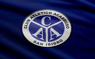CA Acassuso fabric logo, 4k, blue fabric background, Primera Nacional, bokeh, soccer, CA Acassuso logo, football, CA Acassuso emblem, CA Acassuso, Argentine football club, Acassuso FC
